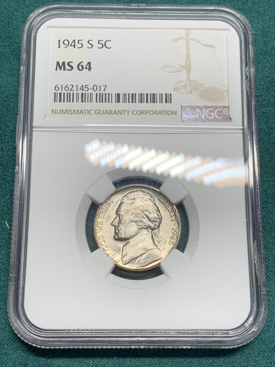 《竞宝斋》第148场-周日，周一 2场 (全场包邮) NGC-MS64 美国1945年 5美分 杰弗逊战时五美分 含银版（仅1942-1945年含银，其余年份为镍币）