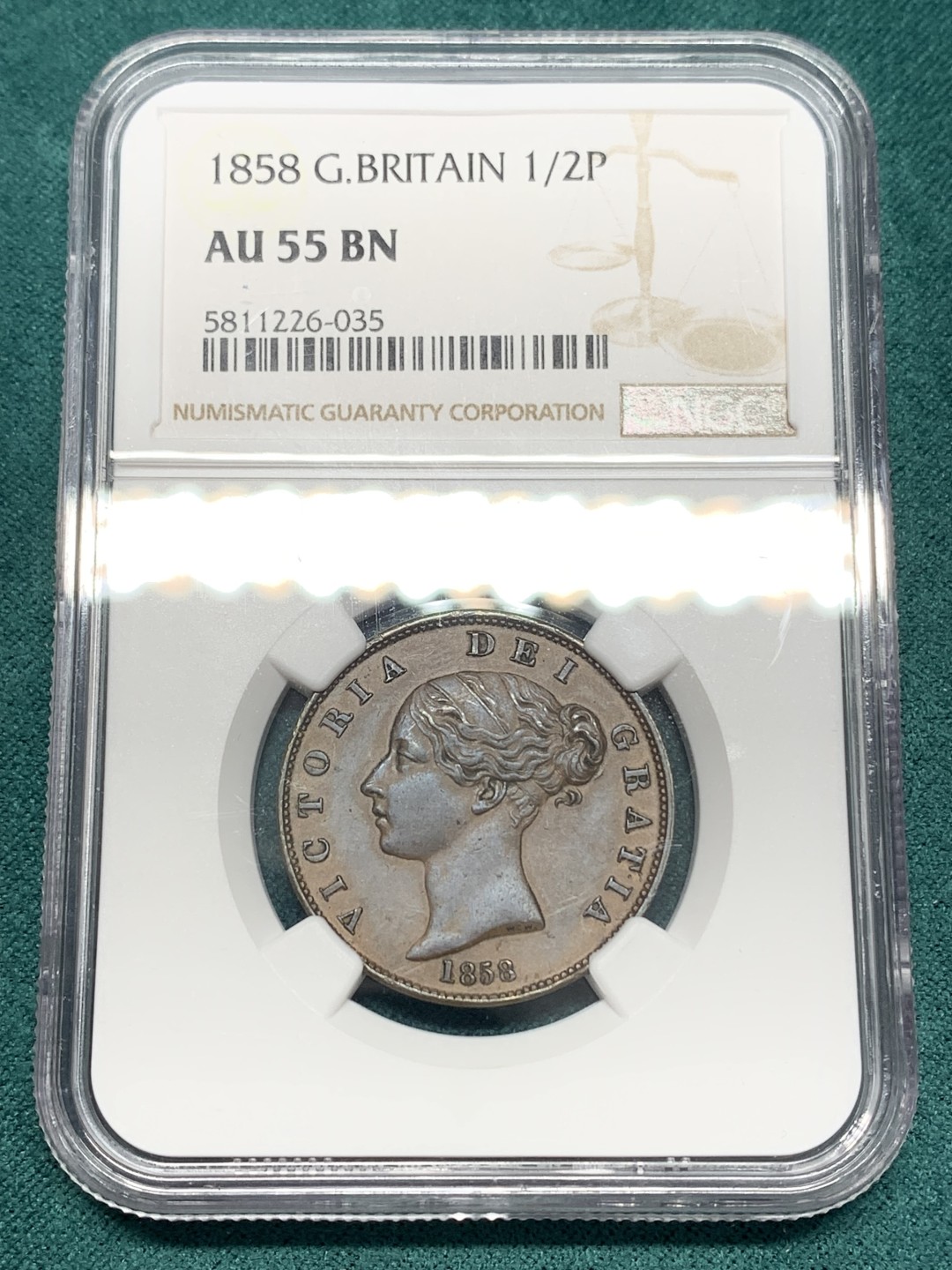 《竞宝斋》第148场-周日，周一 2场 (全场包邮) NGC-AU55BN 英国 1858年 维多利亚女王青年头像1/2便士铜币 年轻靓丽的小维 发丝高点细节清晰 状态出色 ngc严评