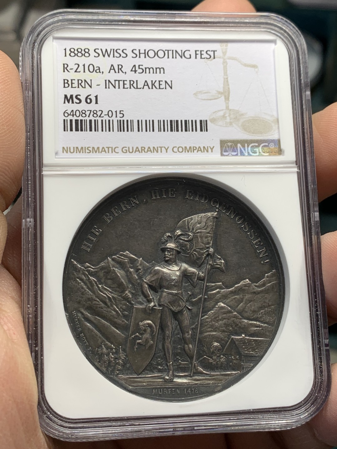《竞宝斋》第148场-周日，周一 2场 (全场包邮) NGC-MS61 瑞士1888年 狩猎节大银章 背面三徽 系列里的难点