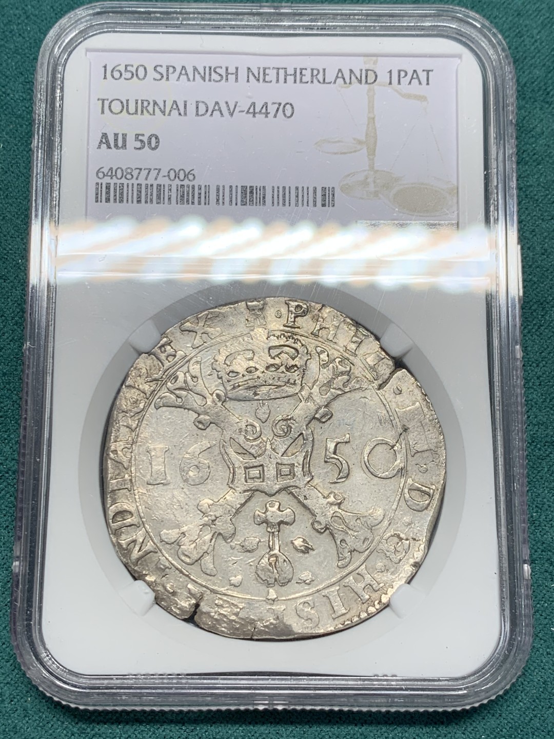 《竞宝斋》第148场-周日，周一 2场 (全场包邮) 亚军分 NGC-AU50 西属尼德兰1650年 费利佩四世 1帕塔贡大银币 图尔奈造 非常少见的厂名 这个能到AU出分已经是可遇不可求的终极品相了