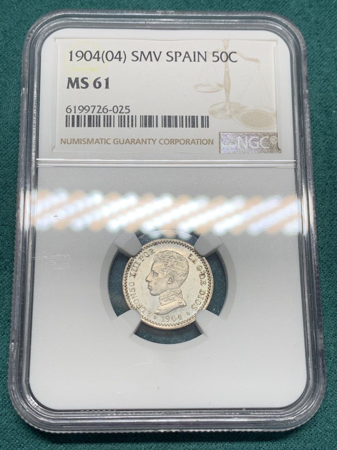 《竞宝斋》第148场-周日，周一 2场 (全场包邮) NGC-MS61 西班牙1904 阿方索十三世 50C 银币