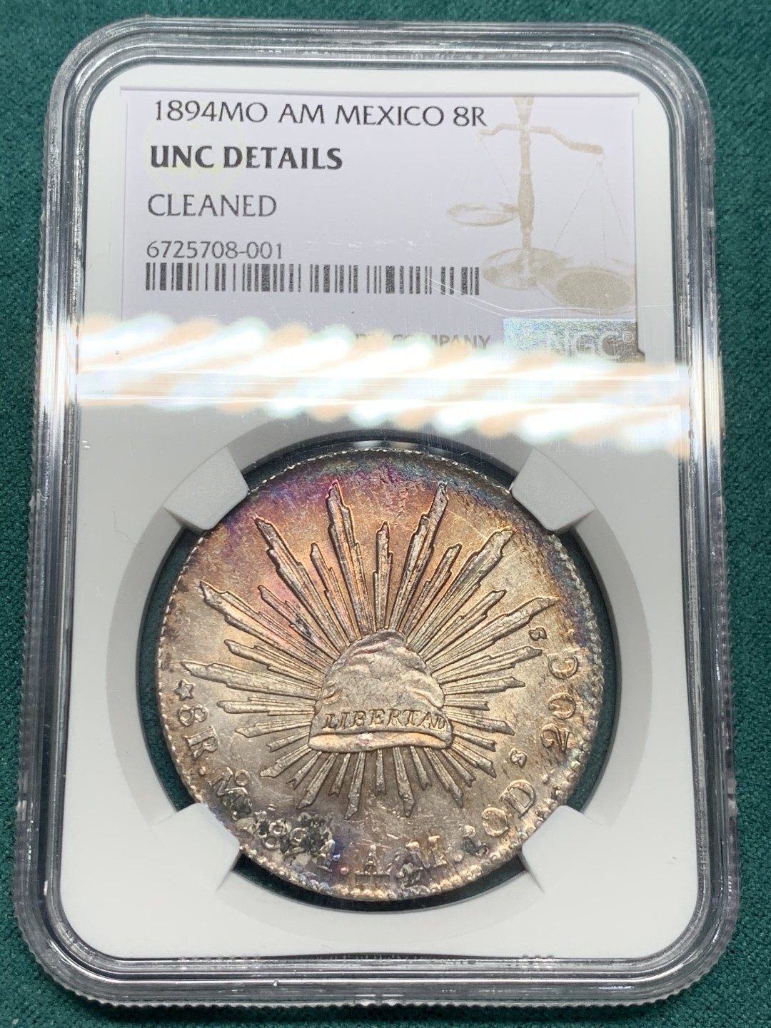 《竞宝斋》第148场-周日，周一 2场 (全场包邮) NGC UNC 1894年 墨西哥 鹰洋 镜面底板，正面彩虹包浆 背面极好