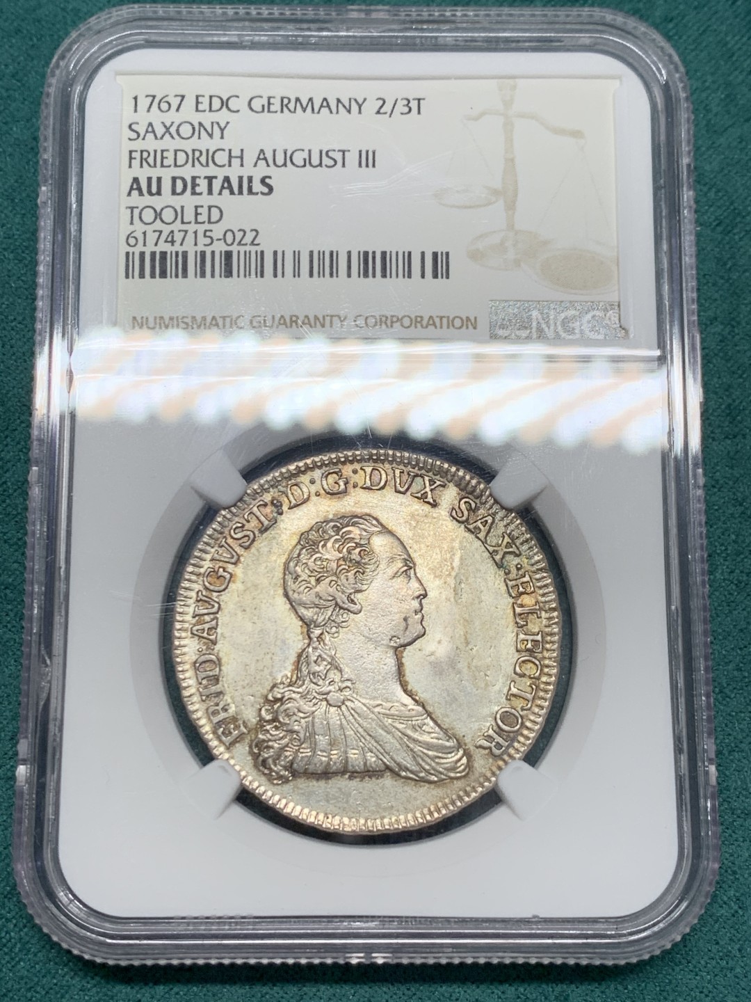 《竞宝斋》第148场-周日，周一 2场 (全场包邮) NGC AU 德国1767年 萨克森 2/3泰勒 银币弗里德里希奥古斯特三世少见 年轻头像