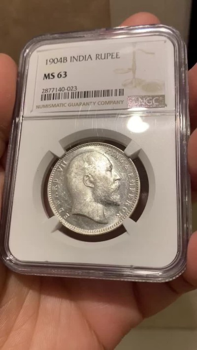 《竞宝斋》第148场-周日，周一 2场 (全场包邮) NGC MS63 英属印度 1904年B版 爱德华七世 1卢比银币 满银光好品 镜面底板 光可照人 细节优异