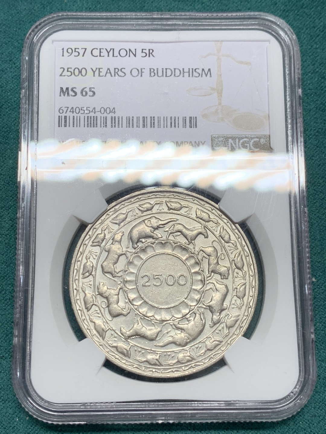 《竞宝斋》第148场-周日，周一 2场 (全场包邮) NGC-MS65 锡兰 1957年 纪念佛教2500周年 5卢比 大银币