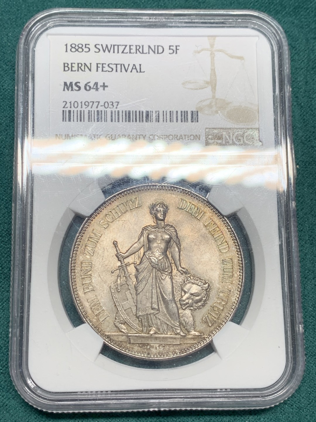 《竞宝斋》第148场-周日，周一 2场 (全场包邮) NGC-MS64+ 瑞士 1885年 伯尔尼射击节5法郎银币 经典品种 顶级品相 包浆醇厚