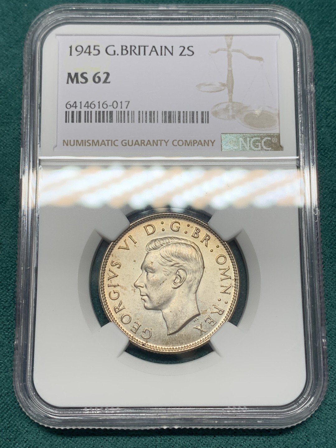 《竞宝斋》第148场-周日，周一 2场 (全场包邮) NGC-MS62 英国 1945年 乔治六世1弗洛林银币 原光淡彩 光度非常好 背面状态不输64