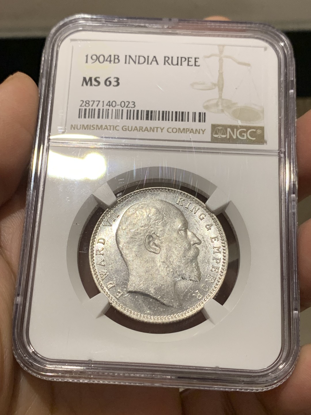 《竞宝斋》第148场-周日，周一 2场 (全场包邮) NGC MS63 英属印度 1904年B版 爱德华七世 1卢比银币 满银光好品 镜面底板 光可照人 细节优异