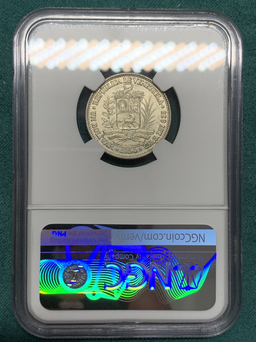 《竞宝斋》第148场-周日，周一 2场 (全场包邮) NGC-MS63 委内瑞拉1954年 1玻利瓦尔银币 原光好品