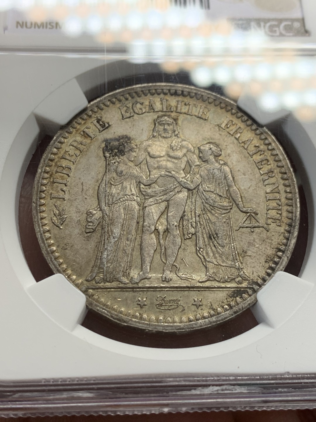 《竞宝斋》第148场-周日，周一 2场 (全场包邮) NGC-AU55 法国1873年 大力神5法郎银币 原味老包浆