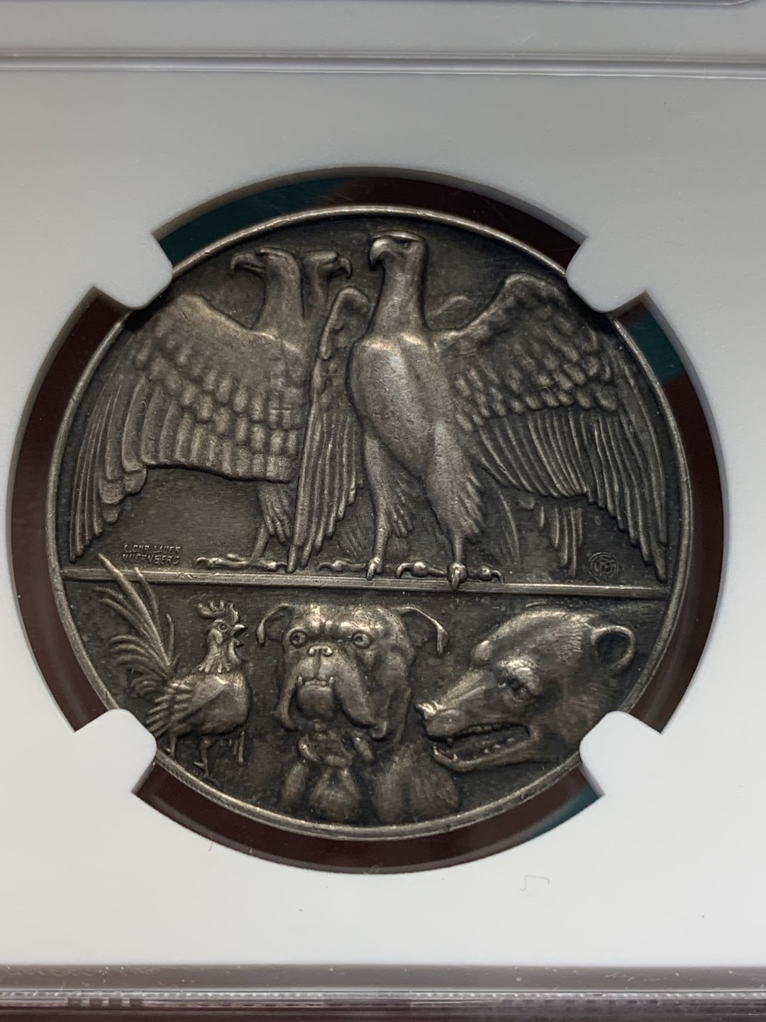 《竞宝斋》第148场-周日，周一 2场 (全场包邮) NGC MS62 1914年德国一战同盟纪念银章 德奥同盟对抗法国英国苏联 原味包浆 设计惟妙惟肖 寓意深刻