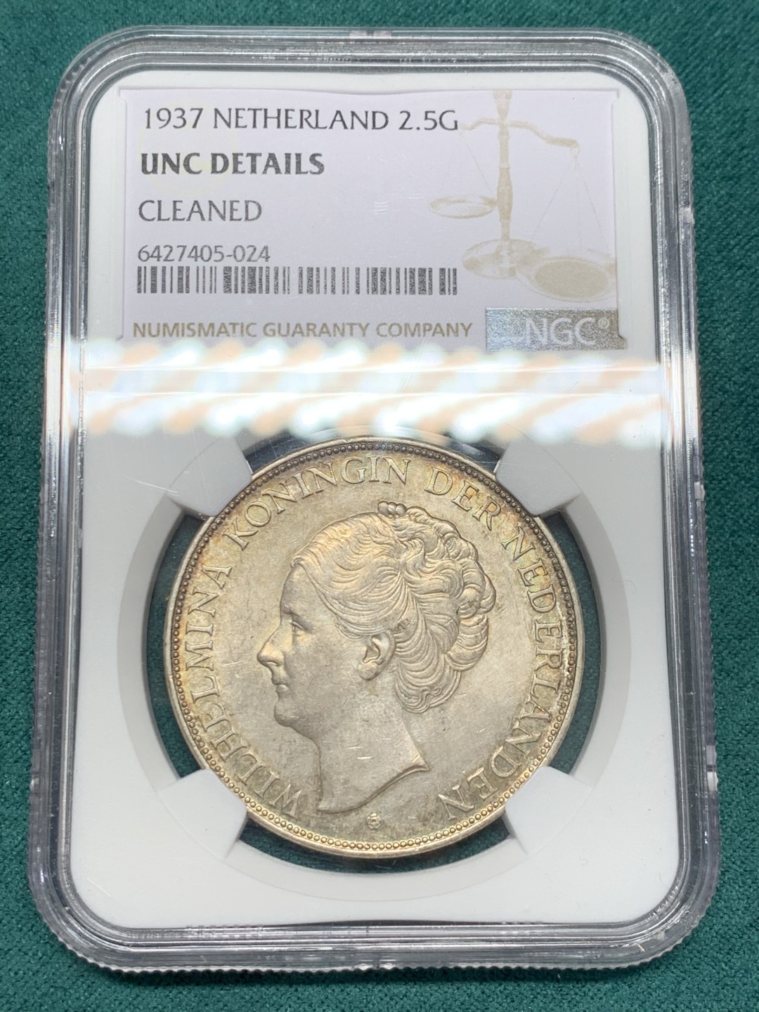 《竞宝斋》第148场-周日，周一 2场 (全场包邮) NGC-UNC 荷兰1937年 威廉米娜女王 2.5盾大银币