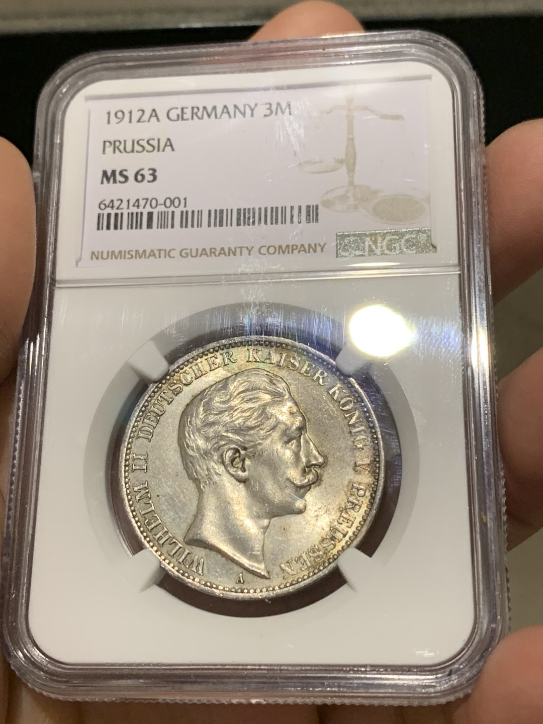 《竞宝斋》第148场-周日，周一 2场 (全场包邮) NGC MS63 德国 普鲁士1912年 3马克银币 威廉二世 光度好