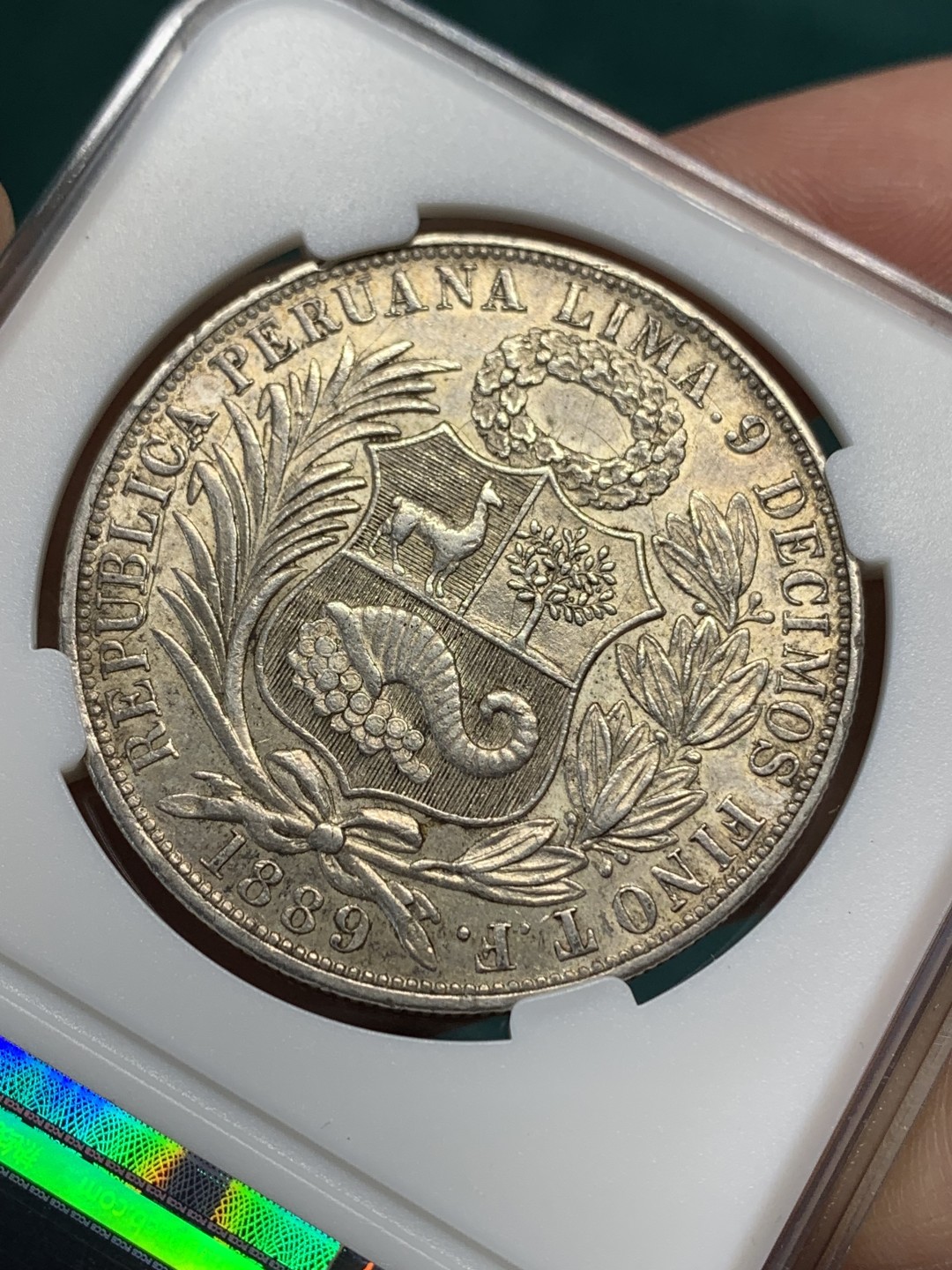 《竞宝斋》第148场-周日，周一 2场 (全场包邮) 1889年秘鲁大银币，1个世纪老银币，高银版 有划细节见图