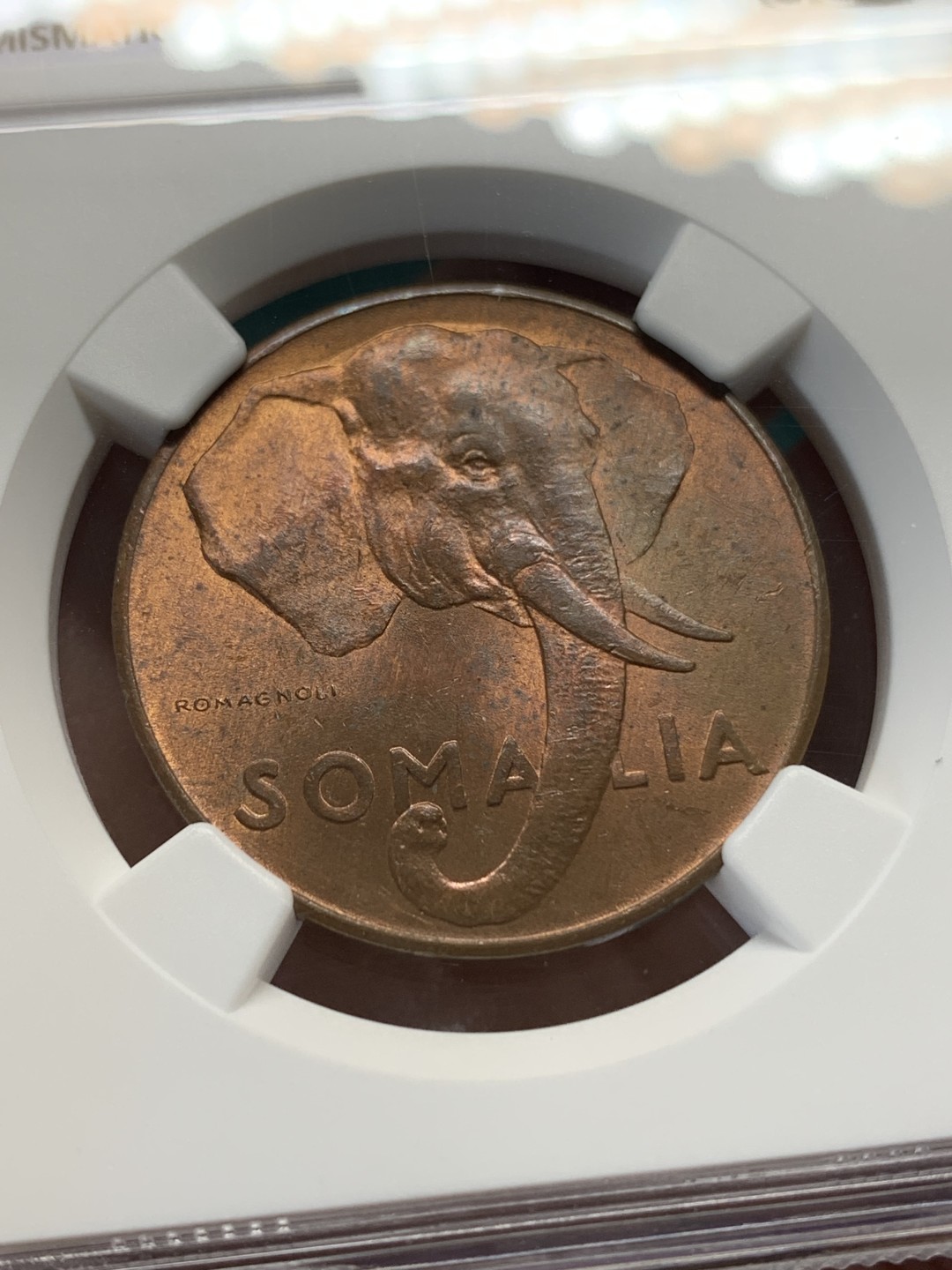 《竞宝斋》第148场-周日，周一 2场 (全场包邮) NGC-MS63RB AH1369 意属索马里10分大铜币，非洲象经典元素。单年版本，RB铜光靓丽