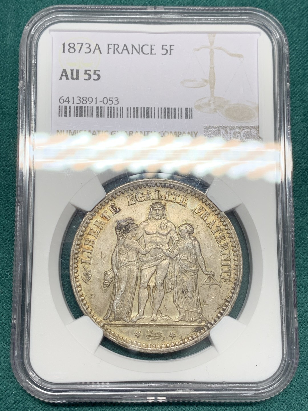 《竞宝斋》第148场-周日，周一 2场 (全场包邮) NGC-AU55 法国1873年 大力神5法郎银币 原味老包浆