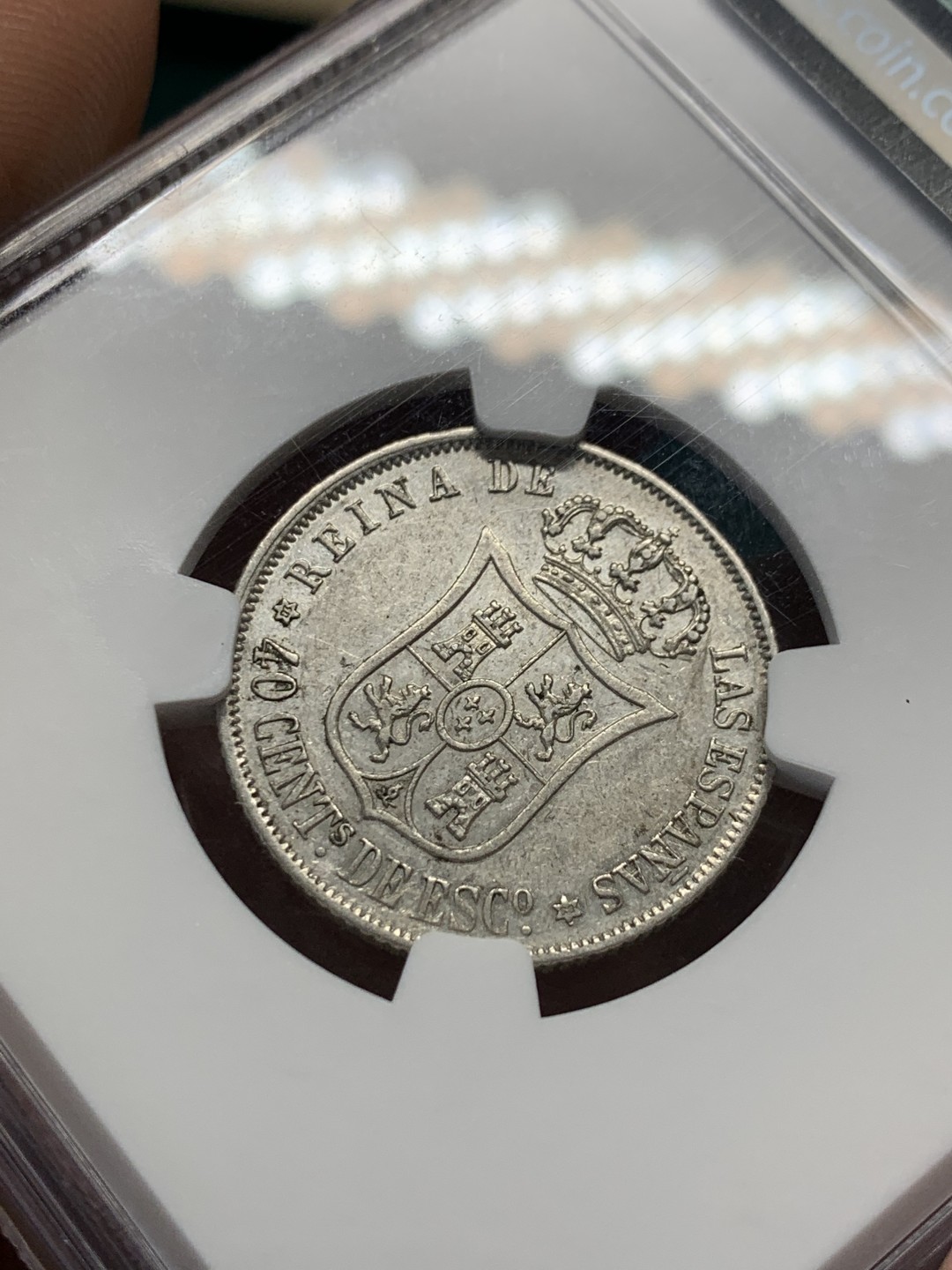 《竞宝斋》第148场-周日，周一 2场 (全场包邮) NGC-AU53 西班牙 1868 猪头妹妹 40分银币（2角型）少见品种