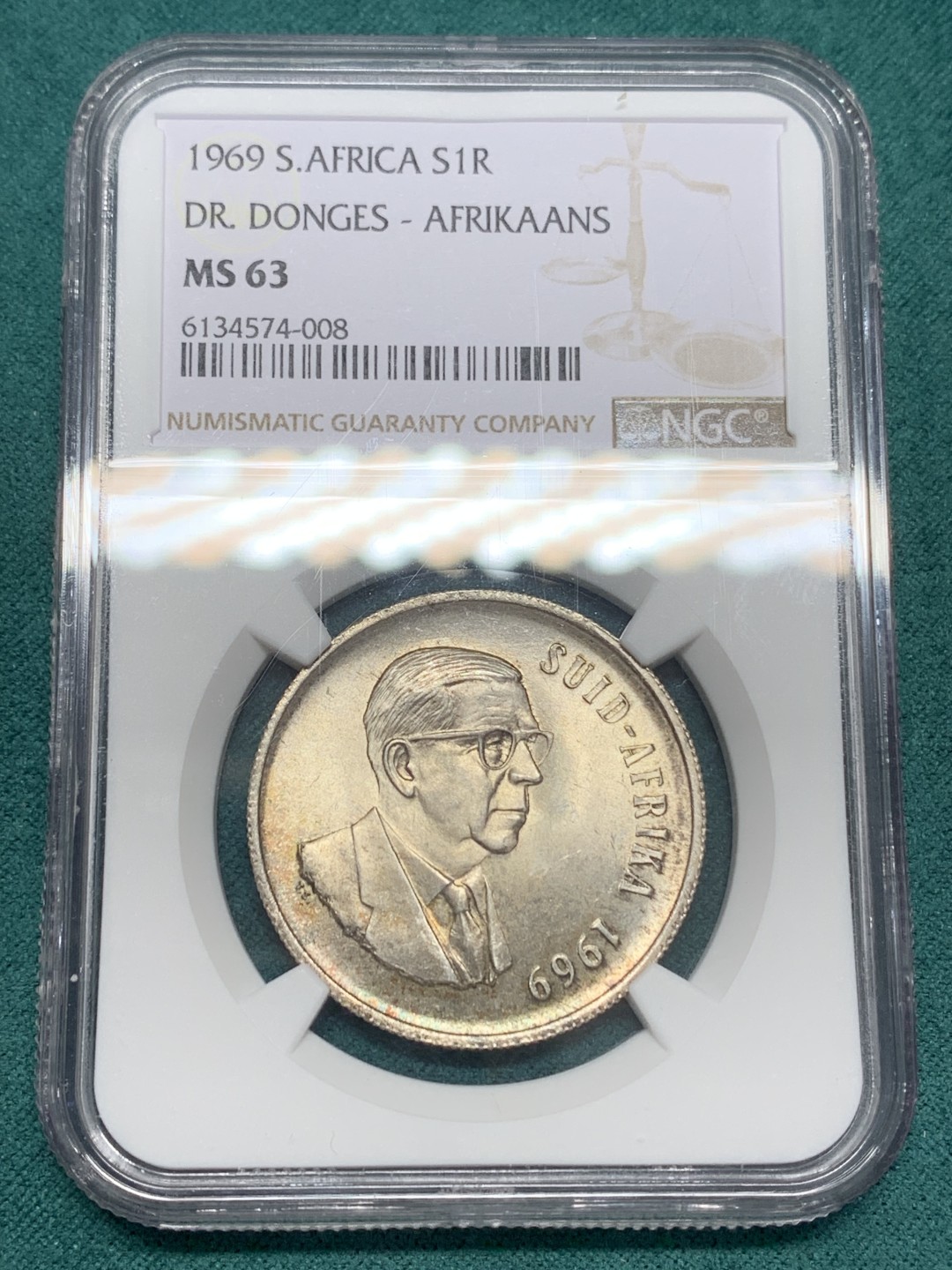 《竞宝斋》第148场-周日，周一 2场 (全场包邮) NGC-MS63 南非 1969维沃尔德1兰特银币 状态好 不多的品种