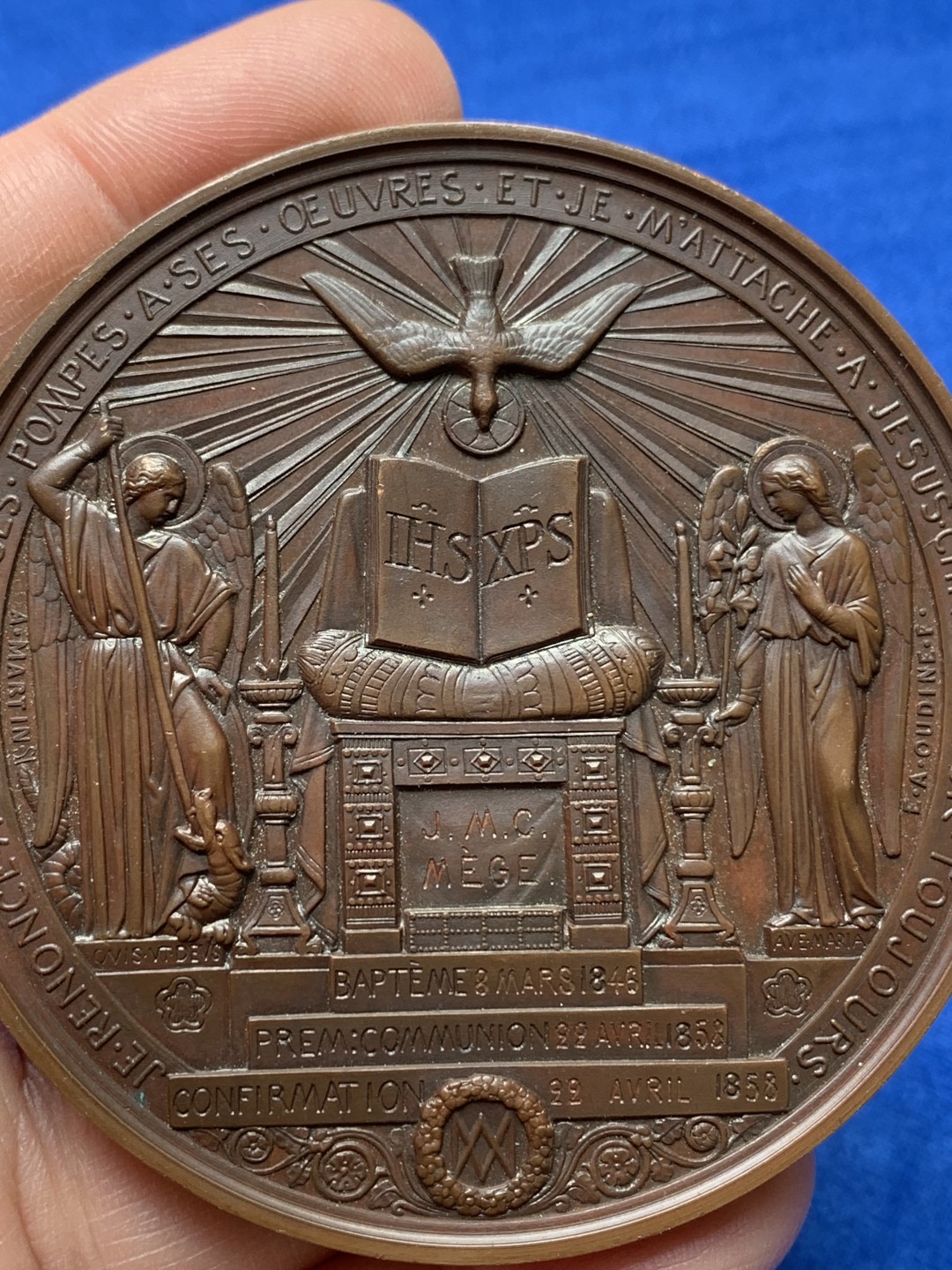 《竞宝斋》第148场-周日，周一 2场 (全场包邮) 法国1858年 宗教洗礼艺术铜章 早期好品 边铭：手指+铜标+BARBE  直径：69mm 重量：144g