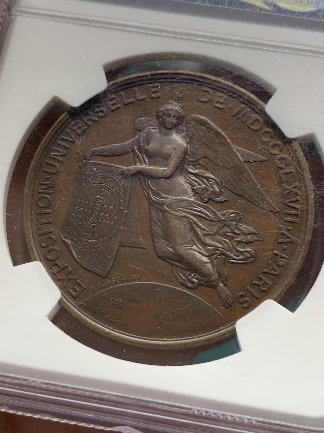 《竞宝斋》第148场-周日，周一 2场 (全场包邮) NGC-MS63 法国 1867 拿破仑三世纪念铜章 大师 Hubert Ponscarme 杰作 37mm