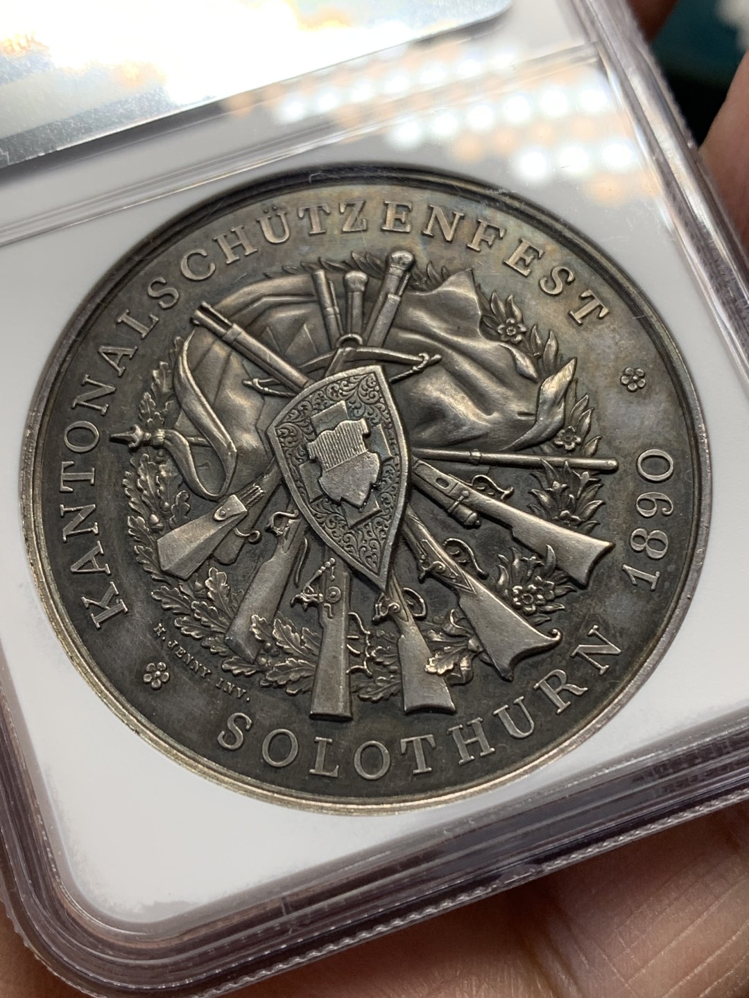 《竞宝斋》第148场-周日，周一 2场 (全场包邮) NGC-MS61 瑞士 1890年 索伦图恩 射击节 银章 少见品种 高浮雕漂亮