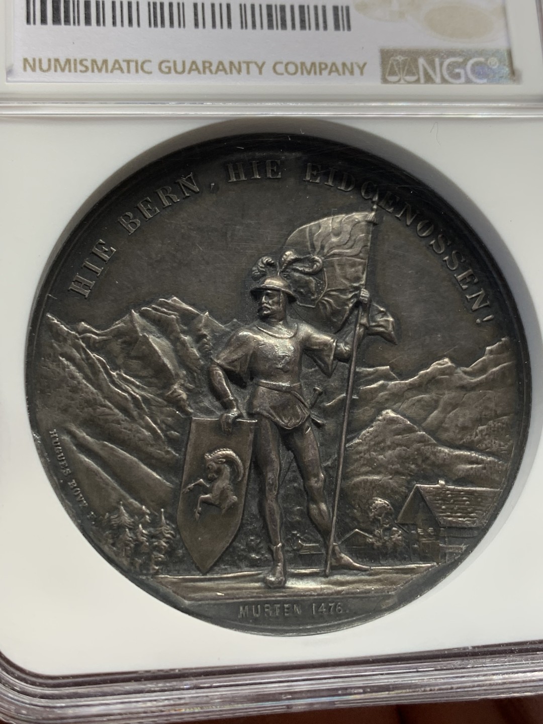 《竞宝斋》第148场-周日，周一 2场 (全场包邮) NGC-MS61 瑞士1888年 狩猎节大银章 背面三徽 系列里的难点