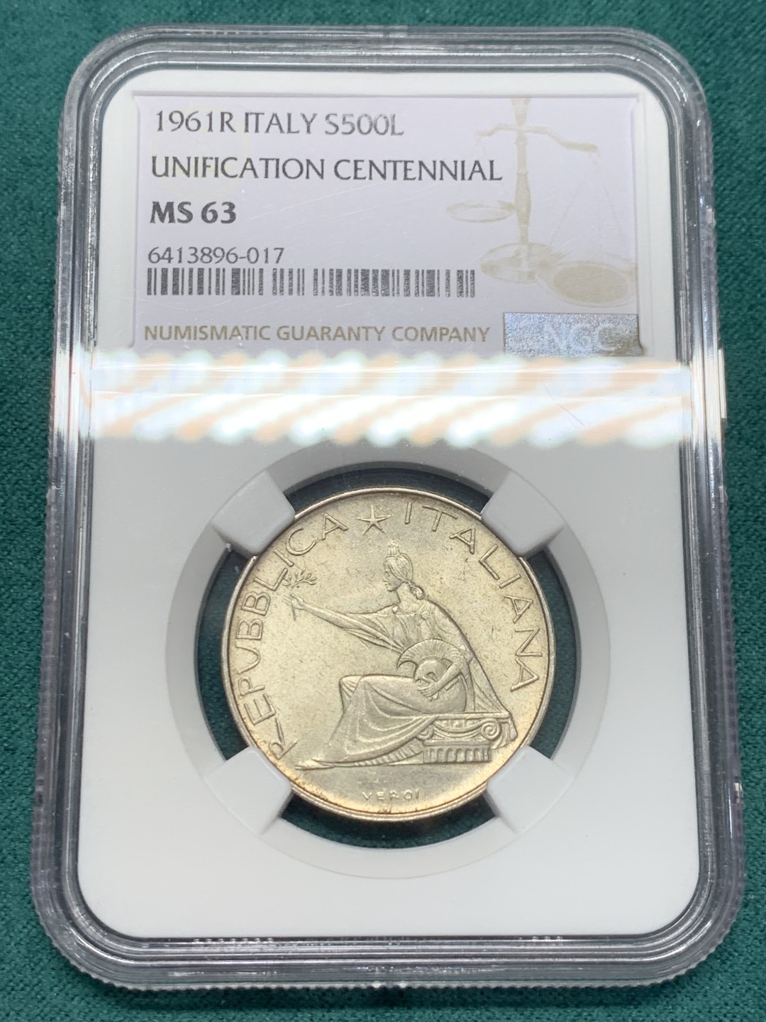 《竞宝斋》第148场-周日，周一 2场 (全场包邮) NGC-MS63 意大利1961年 坐人500里拉银币 顶级原光好品