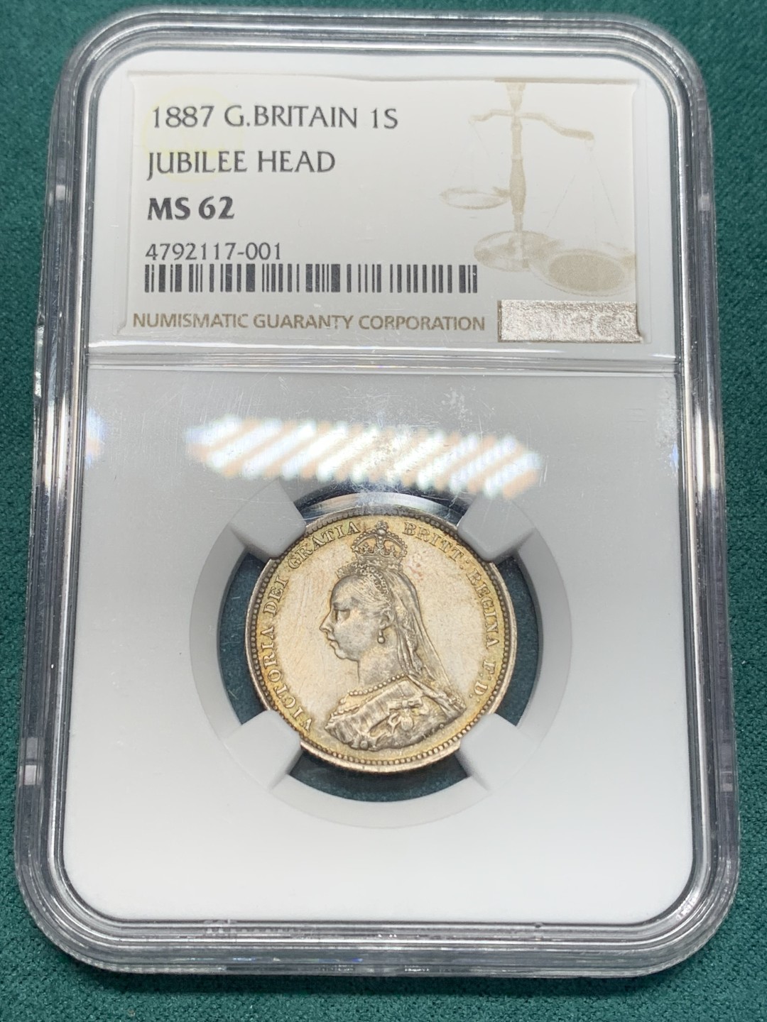 《竞宝斋》第148场-周日，周一 2场 (全场包邮) NGC-MS62 英国 1887年 维多利亚高冠1先令银币 包浆美丽