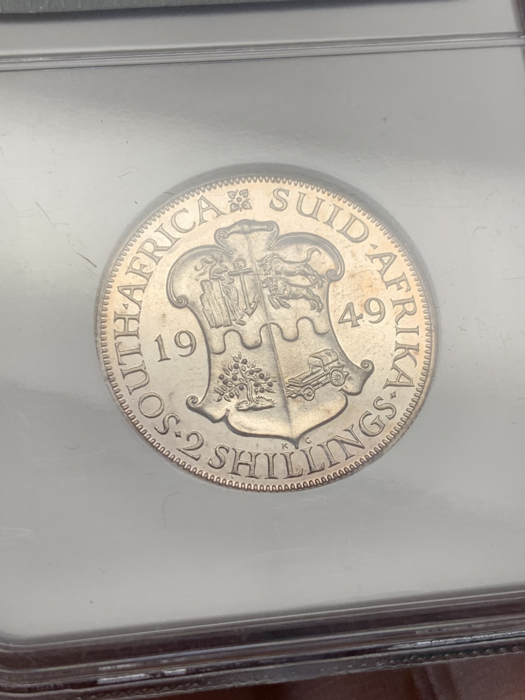 《竞宝斋》第148场-周日，周一 2场 (全场包邮) 亚军 NGC PF66 英属南非 1949乔六精制弗洛林银币 精制难得状态