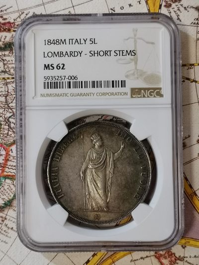 橡树集藏-004场   - ngc-Ms62 1848年意大利伦巴第革命政府5里拉，短茎版，铸造量12万枚，正面环彩，观感美丽。意系热门女神品种，正面铭文上帝呼唤自由之意大利，女神手指着上帝，很有深意的设计。欧洲大革命时期的产物，激情四射的年代。外拍节节高。