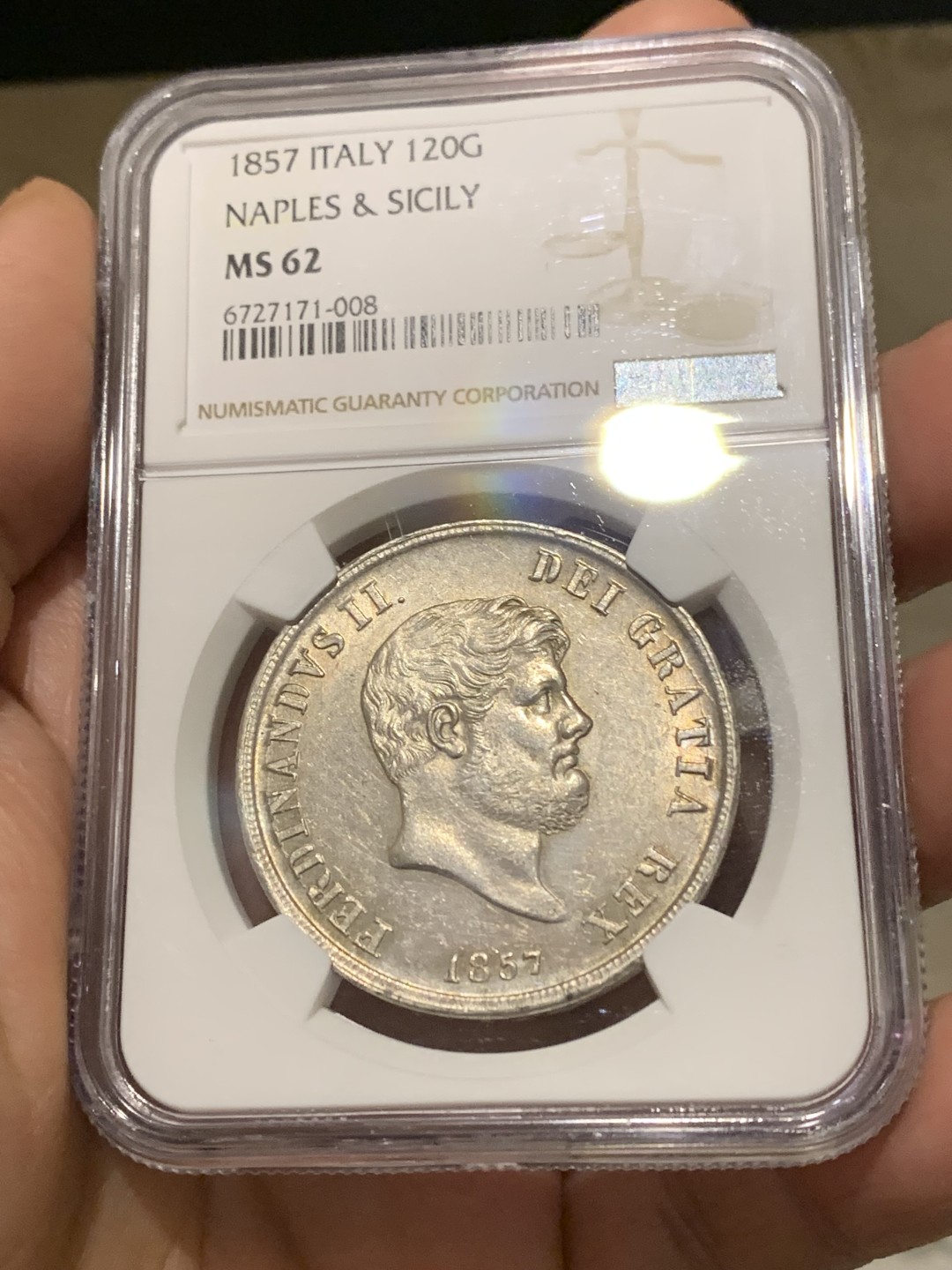 《竞宝斋》第148场-周日，周一 2场 (全场包邮) NGC MS62 意大利/波旁-两西西里 1857年120G，字母“D”断字版