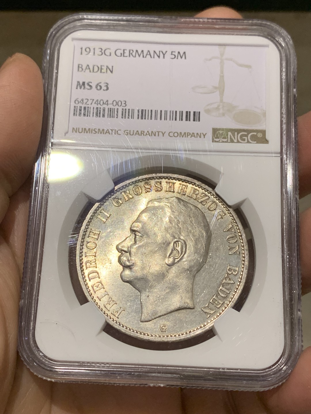 《竞宝斋》第148场-周日，周一 2场 (全场包邮) NGC-MS63 德国1913年 巴登 5马克 大银币 少见品种