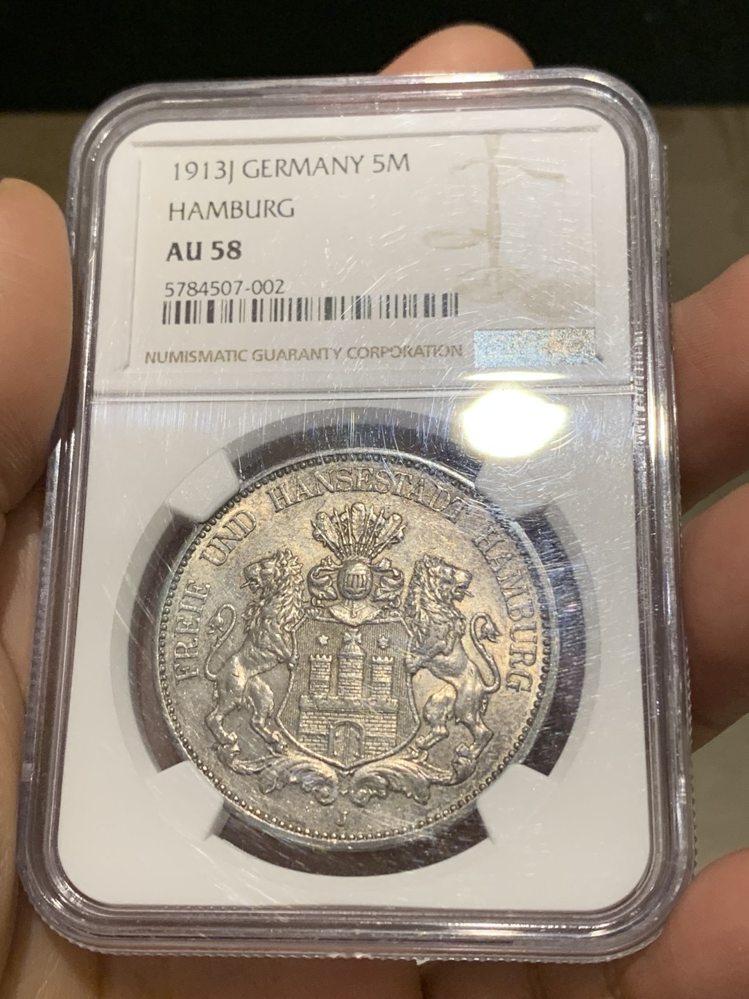 《竞宝斋》第148场-周日，周一 2场 (全场包邮) NGC-AU58 德国 1913年 汉堡5马克银币 细节不错 有点低评