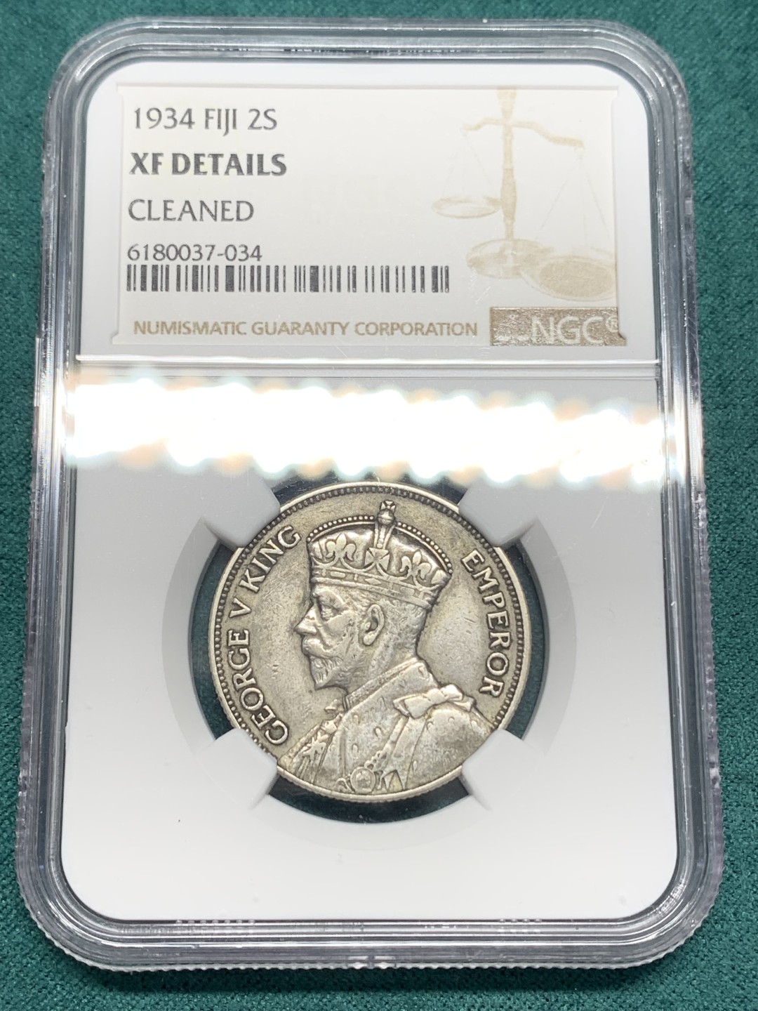 《竞宝斋》第148场-周日，周一 2场 (全场包邮) NGC XF 1934 斐济 乔五 2弗洛林 银币 少