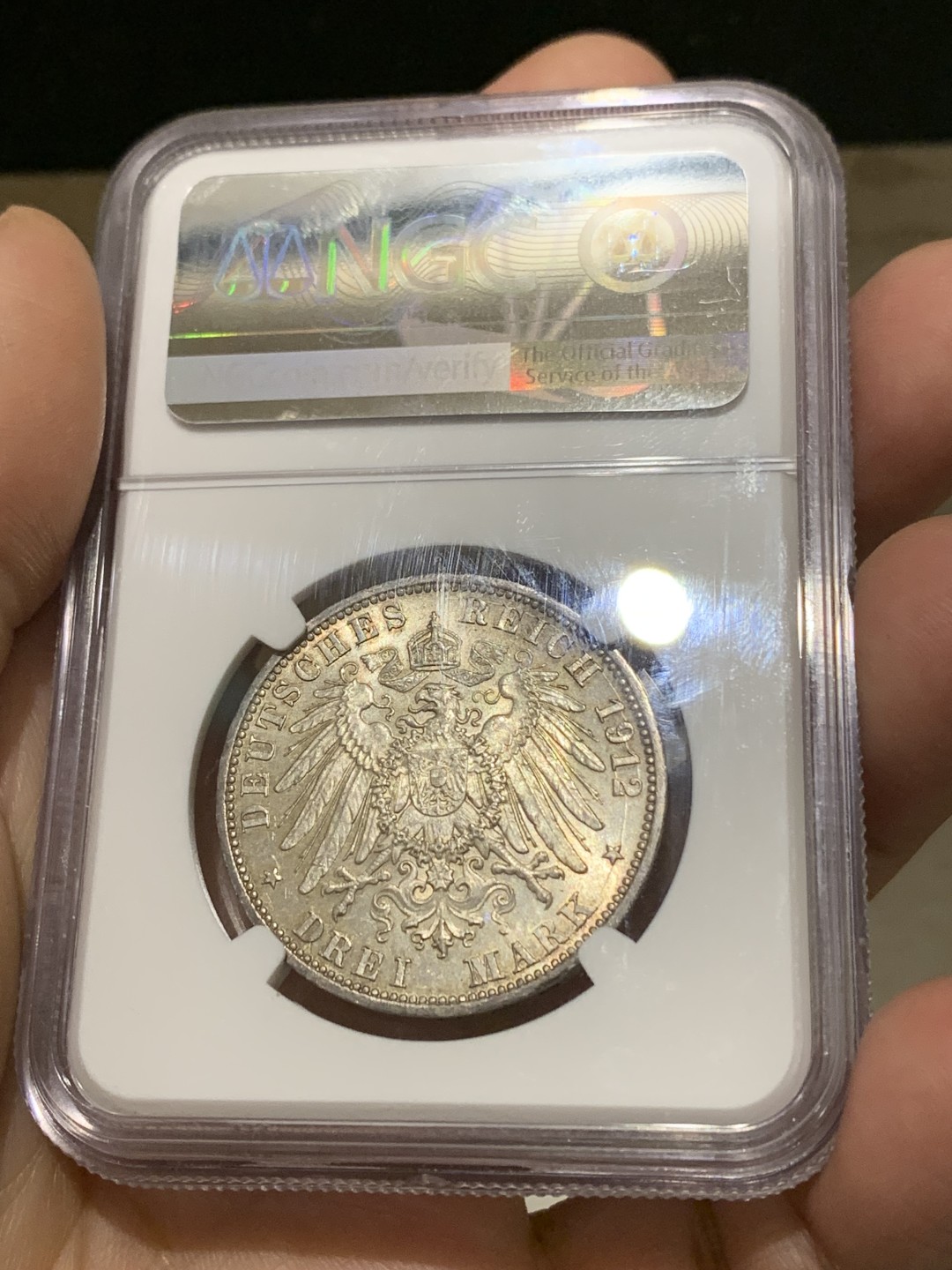 《竞宝斋》第148场-周日，周一 2场 (全场包邮) NGC MS63 德国 普鲁士1912年 3马克银币 威廉二世 光度好