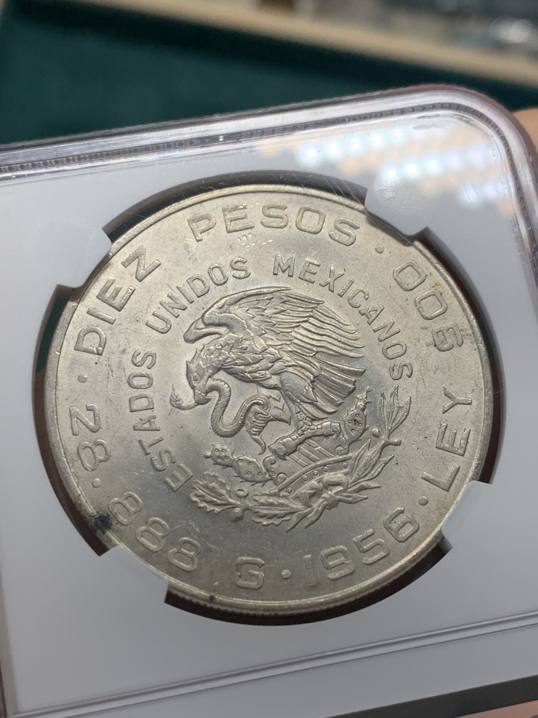 《竞宝斋》第148场-周日，周一 2场 (全场包邮) NGC-MS63 墨西哥1956年 10比索大银币 顶级原光好品 现在墨西哥币都涨的厉害 