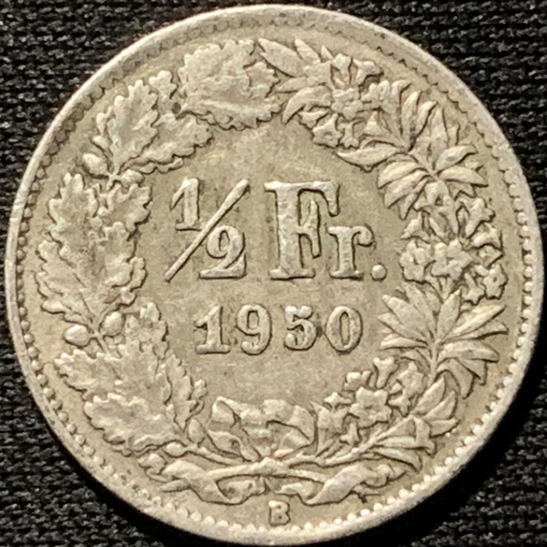 紫瑗钱币——第262期拍卖 瑞士 1950年 赫尔维蒂亚 1/2法郎 2.5克 0.835银