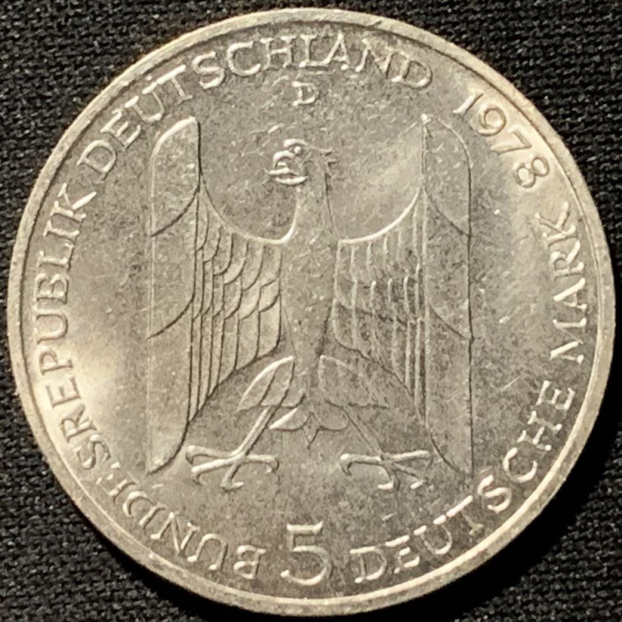 紫瑗钱币——第262期拍卖 联邦德国 1978年 D厂 斯特莱斯曼诞辰100周年 5马克 11.2克 0.625银 UNC