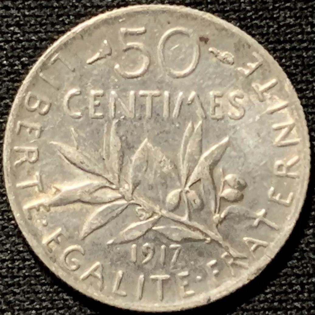 紫瑗钱币——第262期拍卖 法国 1917年 播种女神 50分 2.5克 0.835银