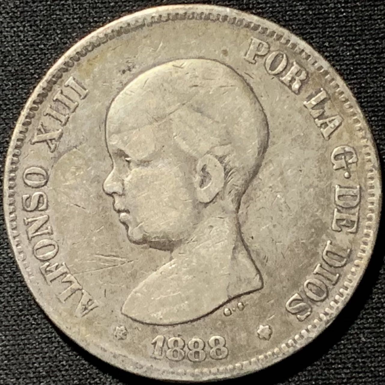 紫瑗钱币——第262期拍卖 西班牙 1888年 阿方索十三世 婴儿头 5比塞塔 25克 0.9银 吉祥年