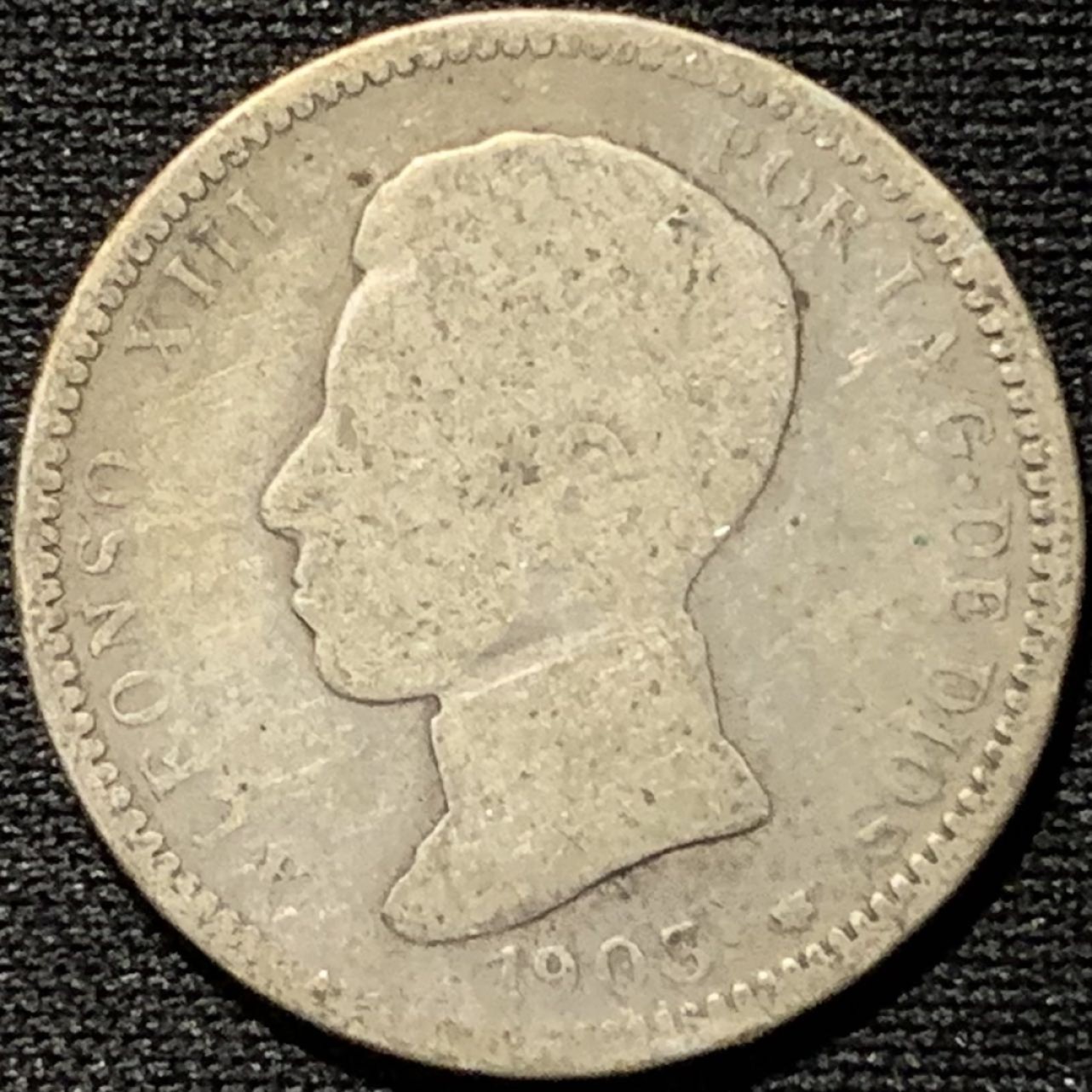 紫瑗钱币——第317期拍卖 西班牙 1903年 阿方索十三世 少年头 1比塞塔 5克 0.835银