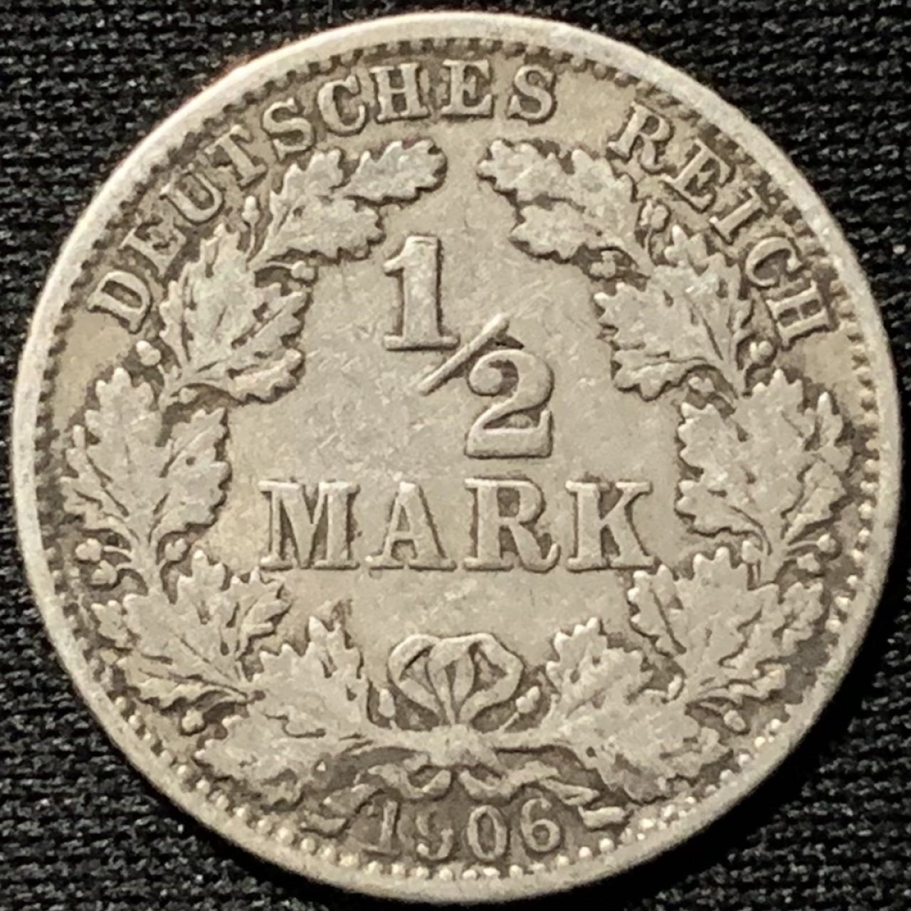 紫瑗钱币——第317期拍卖 德国 1906年 J厂 第二帝国 长翅 1/2马克 2.77克 0.9银