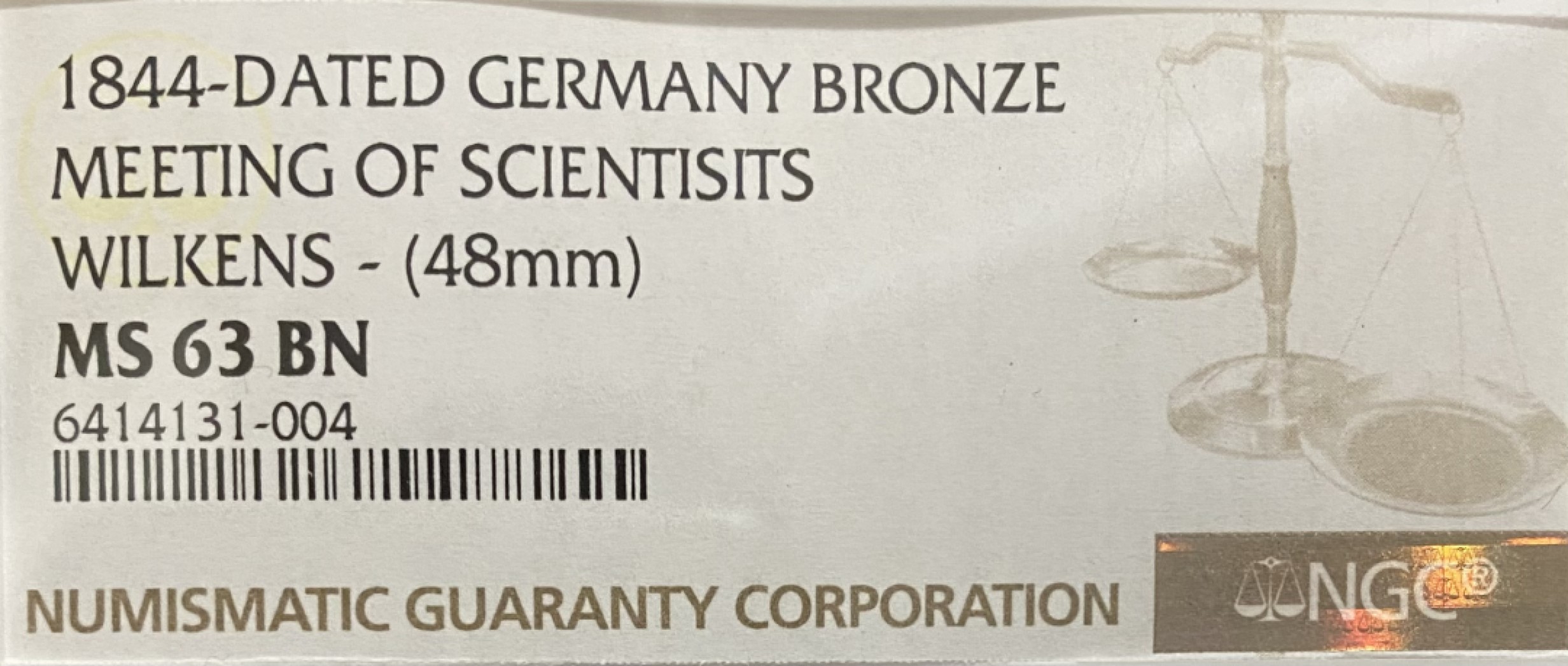 万国钱币拍卖第005期 1844年德国博物学家与医学家在布雷默自然科学博物馆会见纪念大铜章，48MM，背面的动物惟妙惟肖
