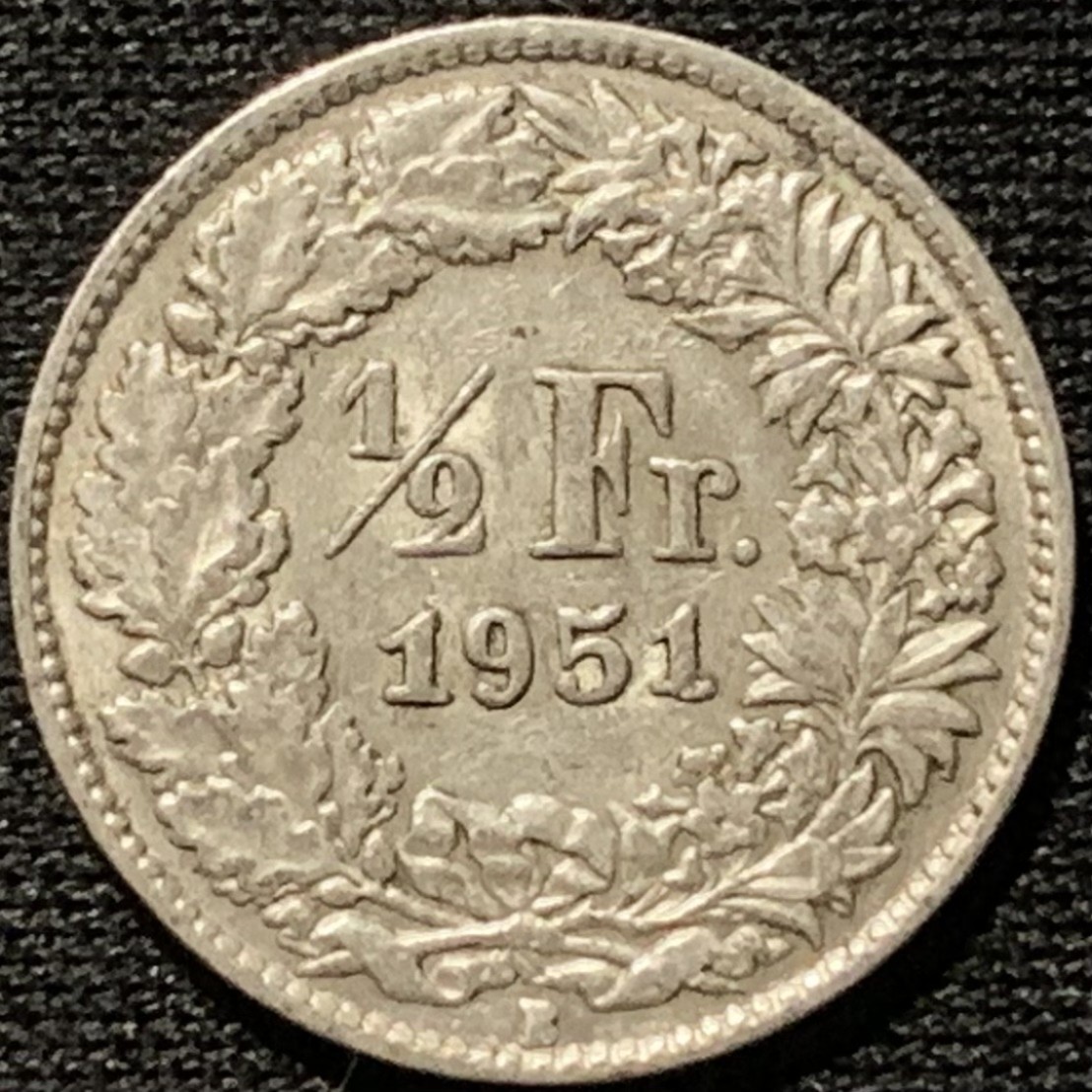 紫瑗钱币——第262期拍卖 瑞士 1951年 赫尔维蒂亚 1/2法郎 2.5克 0.835银
