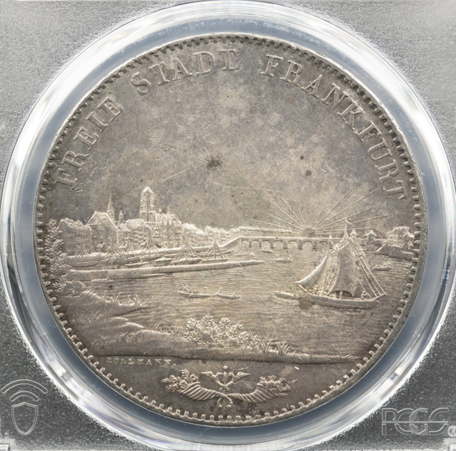 万国钱币拍卖第005期 1843德国法兰克福景观2泰勒，大热门的景观2泰勒，高分价格已经可望不可及，此枚在同分中包浆细节皆属上乘，可玩性很高的性价比之选。