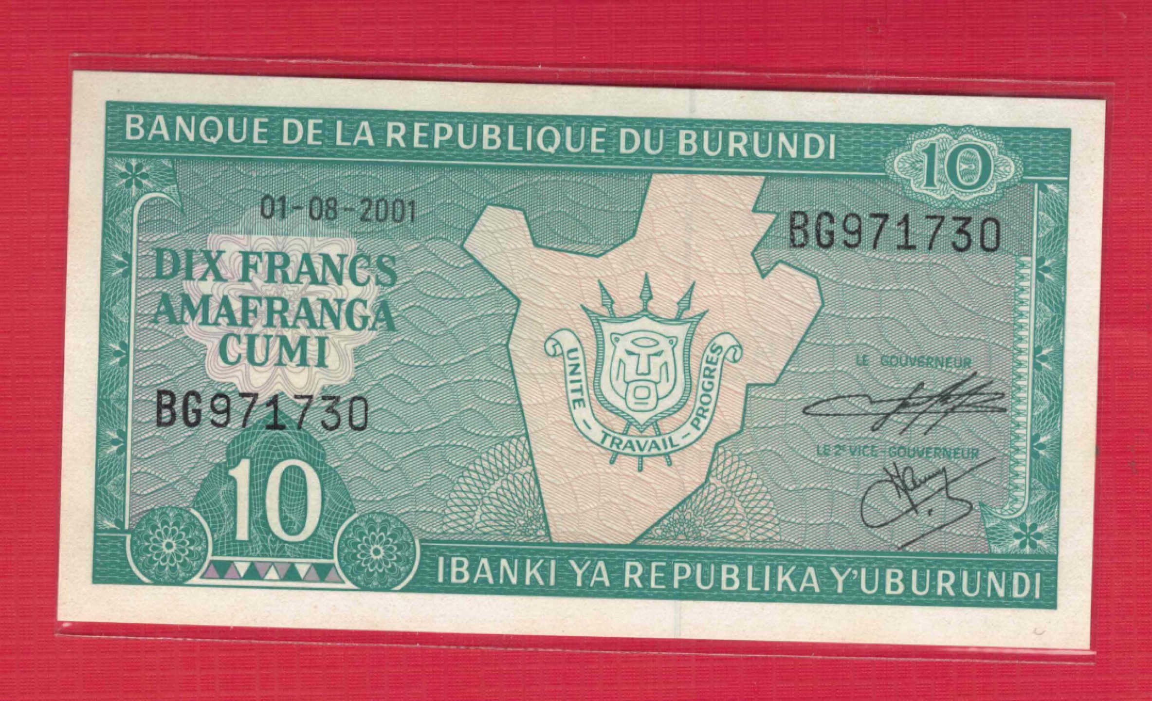 布隆迪10法郎 2001年 年份少 非洲纸币 实物图 UNC