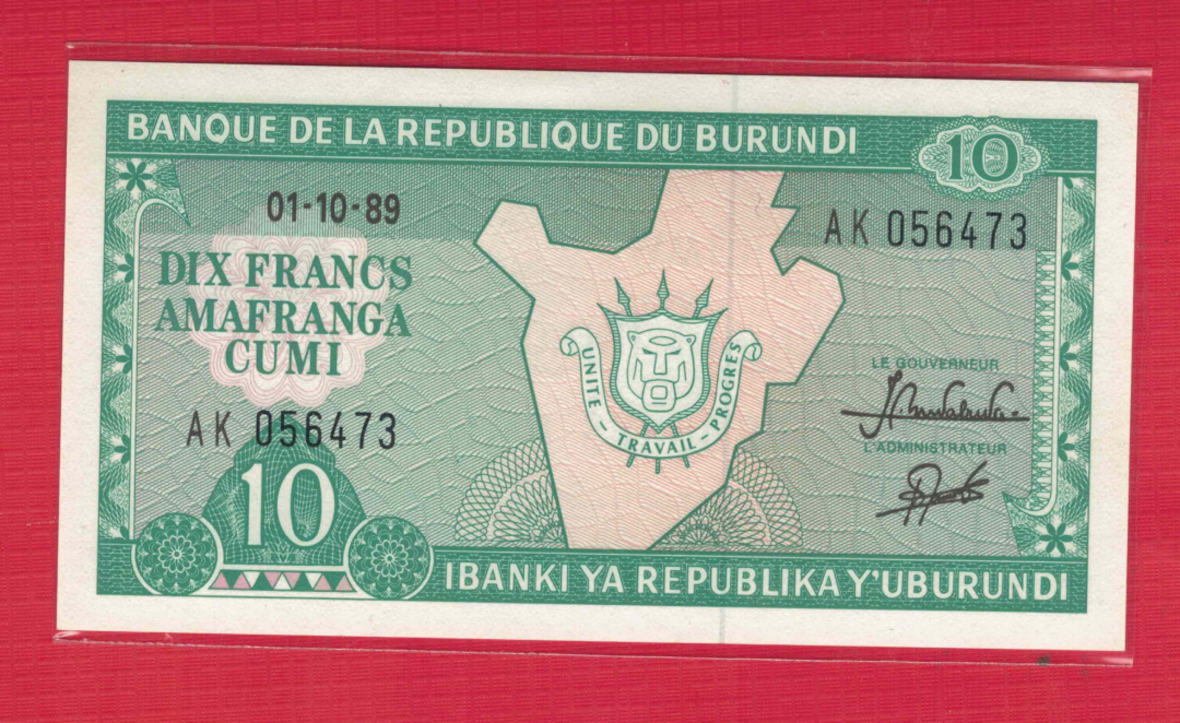 布隆迪10法郎 1989年 年份少 非洲纸币 实物图 UNC