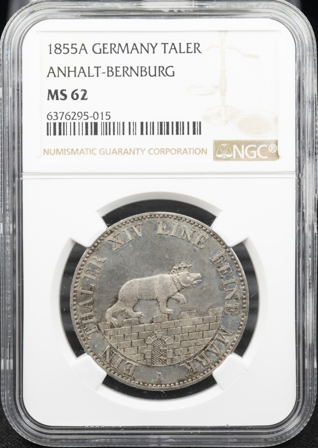 万国钱币拍卖第005期 1855年德国安哈特-贝恩堡小熊爬墙矿业祈祷1泰勒,亚军分，上面只有一个66遥不可及，亚军触手可及