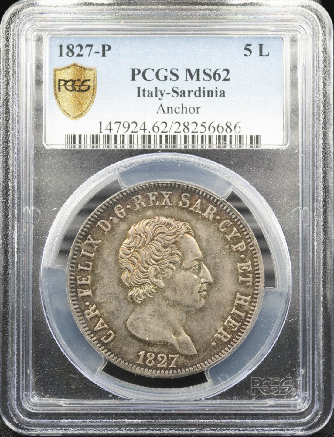 万国钱币拍卖第005期 意大利萨丁王国1827年P厂5里拉，亚军分，包浆绚丽，底板整洁，pcgs封面币，克劳斯目录ms60价格为1550美金