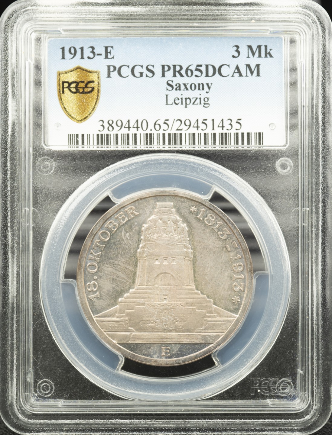 万国钱币拍卖第005期 德国萨克森莱比锡战功碑精制3马克，淡金一色包浆，高分DCAM难得。